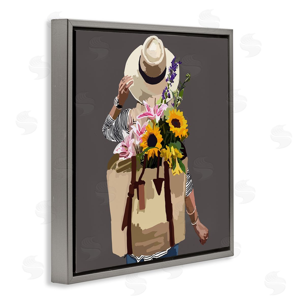 Amelia Noyes Varied Flower Arrangement Blossoms Backpack Bouquet Gray Floating Frame Canvas Wall Art Print
