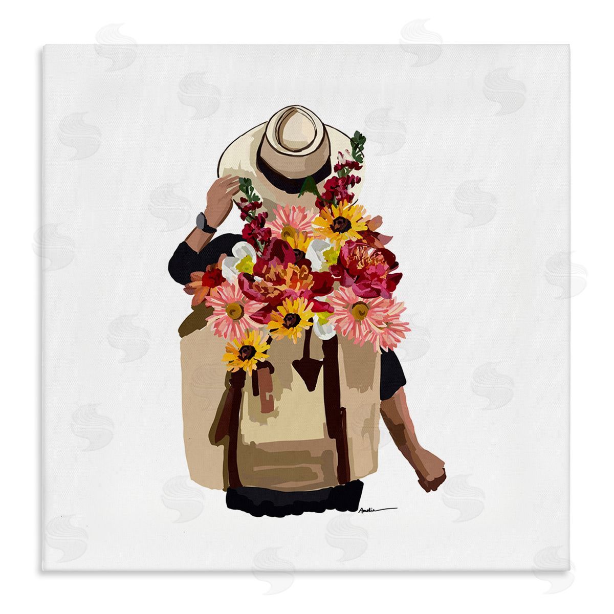 Amelia Noyes Woman Carrying Backpack Mixed Flower Bouquet Arrangement Stretched Canvas Wall Art Print