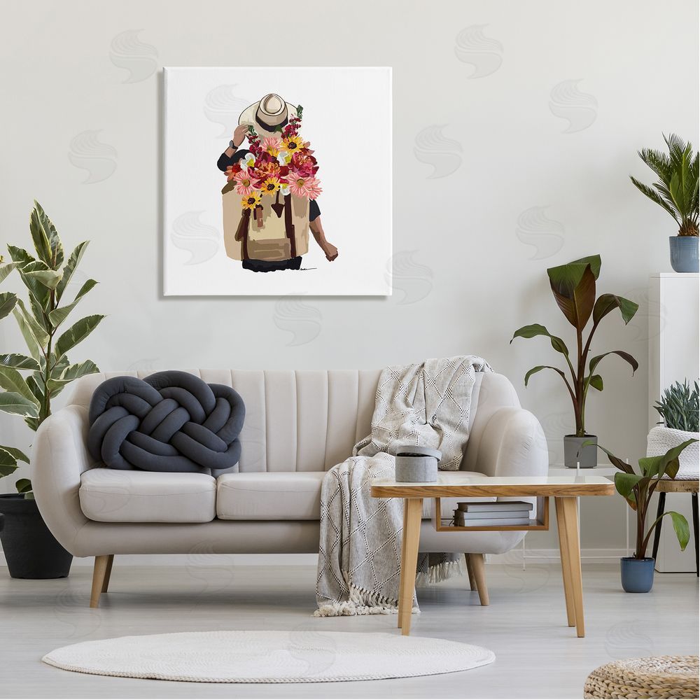 Amelia Noyes Woman Carrying Backpack Mixed Flower Bouquet Arrangement Canvas Wall Art in Room
