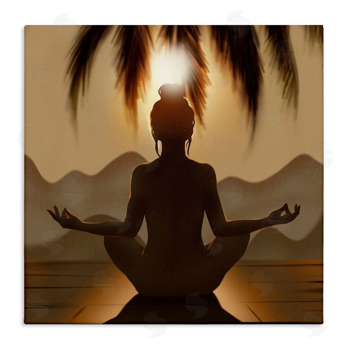 Ziwei Li Tranquil Meditation Sunlit Woman Silhouette Mountain Scenery Stretched Canvas Wall Art Print