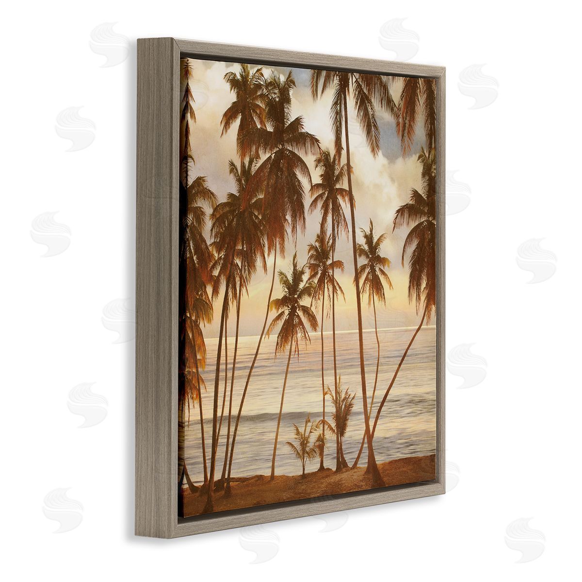 John Seba Tropical Palm Trees Overlooking Warm Ocean View Brown Floating Frame Canvas Wall Art Print