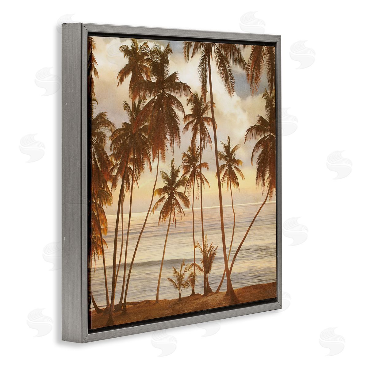 John Seba Tropical Palm Trees Overlooking Warm Ocean View Gray Floating Frame Canvas Wall Art Print