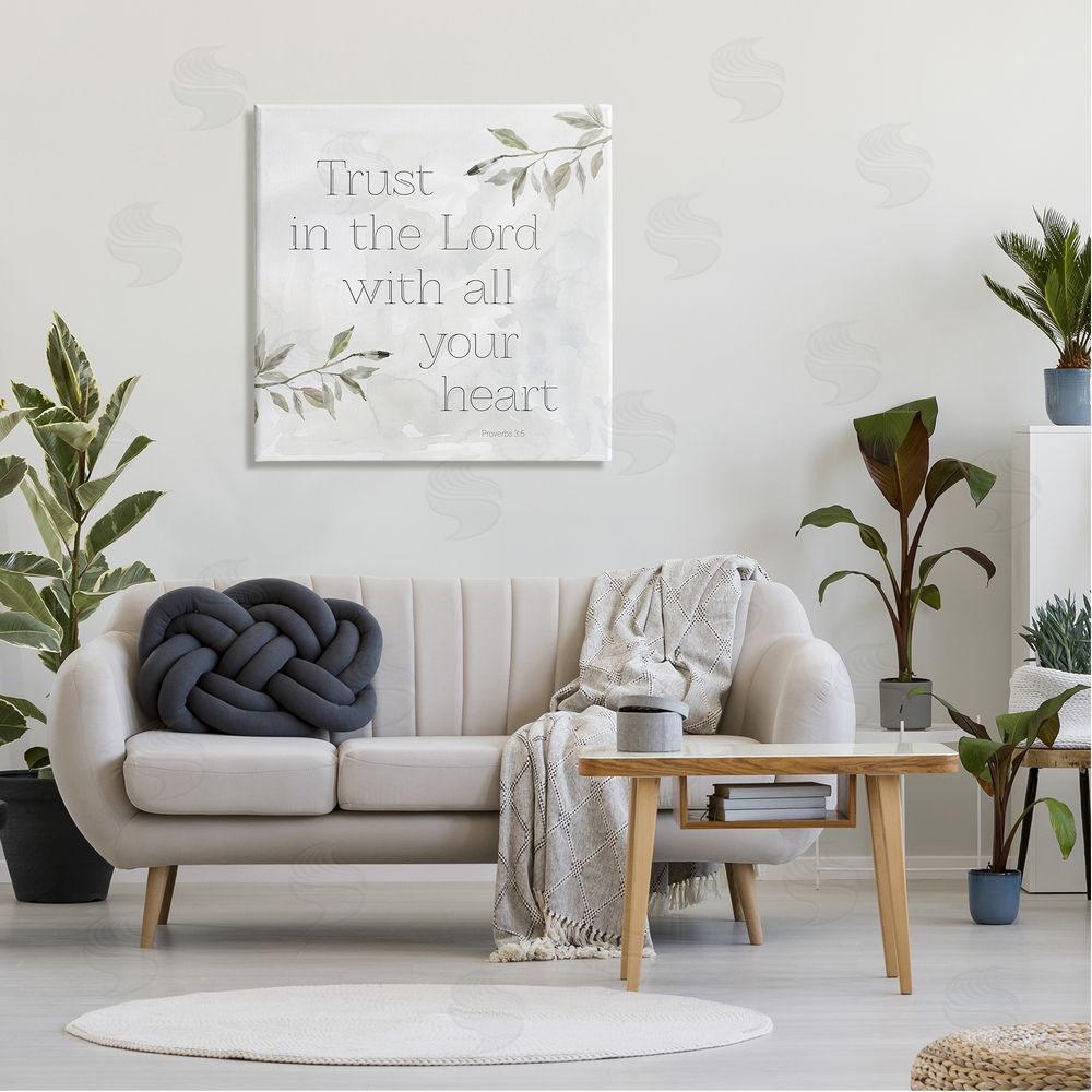 Carol Robinson Trust The Lord Spiritual Phrase Botanical Leaves Canvas Wall Art in Room