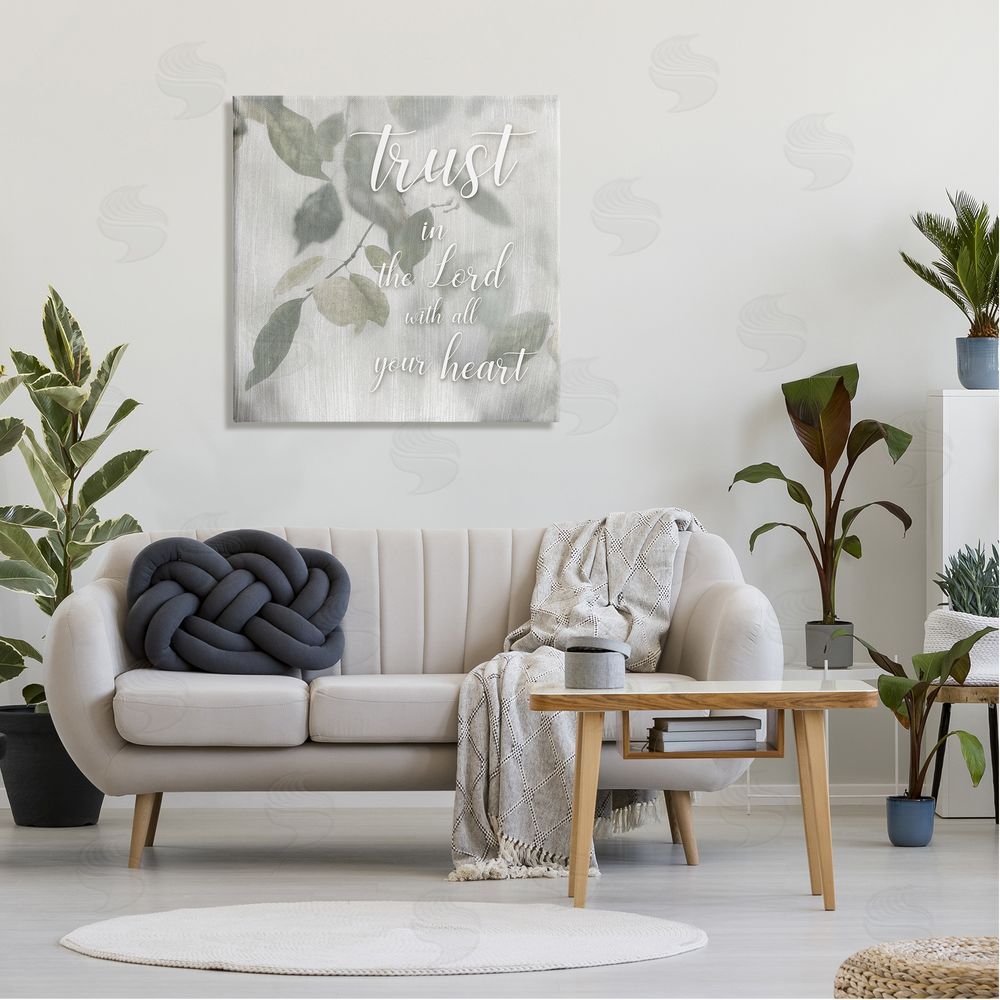 Irene Weisz Trust The Lord Motivating Religious Quote Botanical Leaves Canvas Wall Art in Room