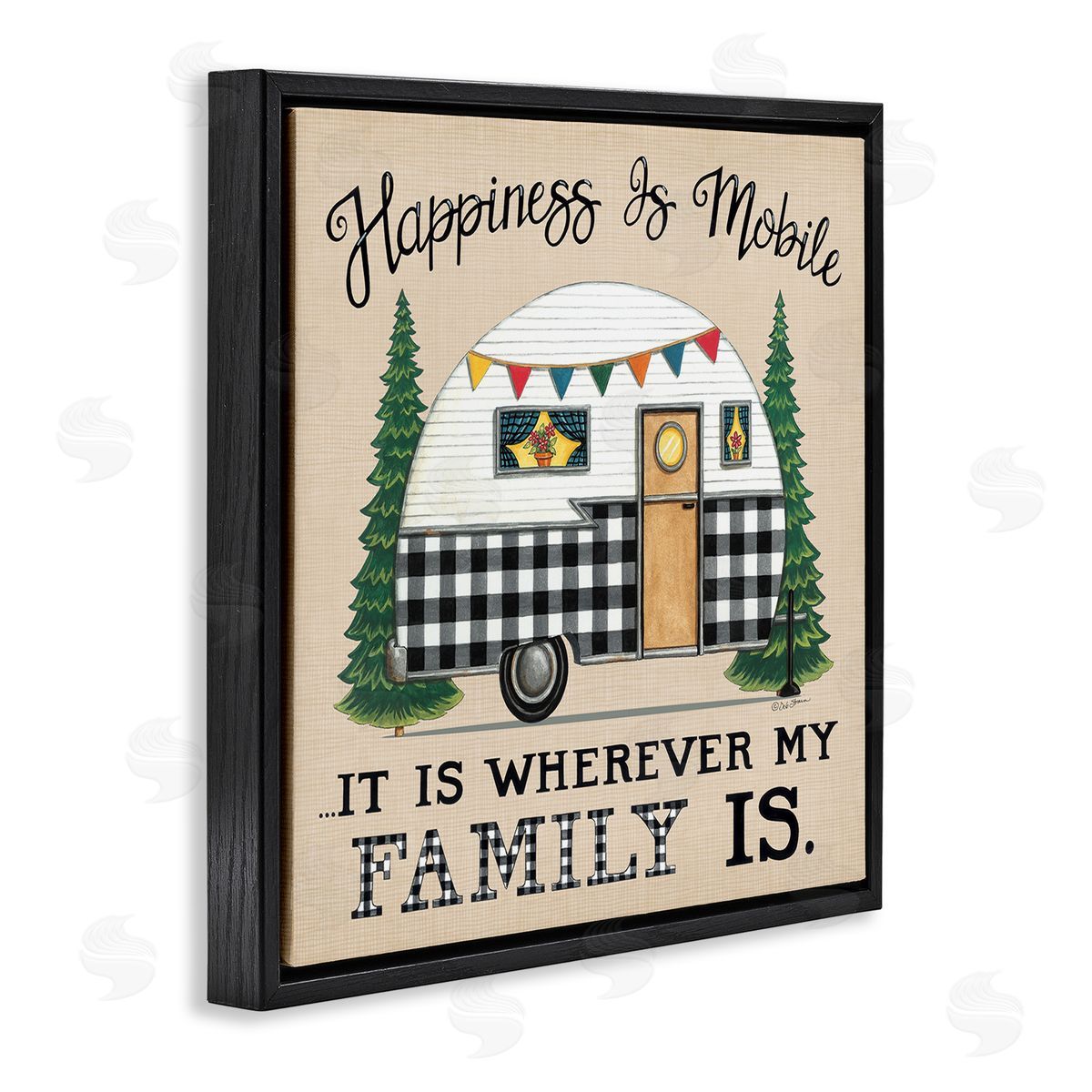 Deb Strain Happiness Where Family Is Uplifting Plaid Camping Van Black Floating Frame Canvas Wall Art Print