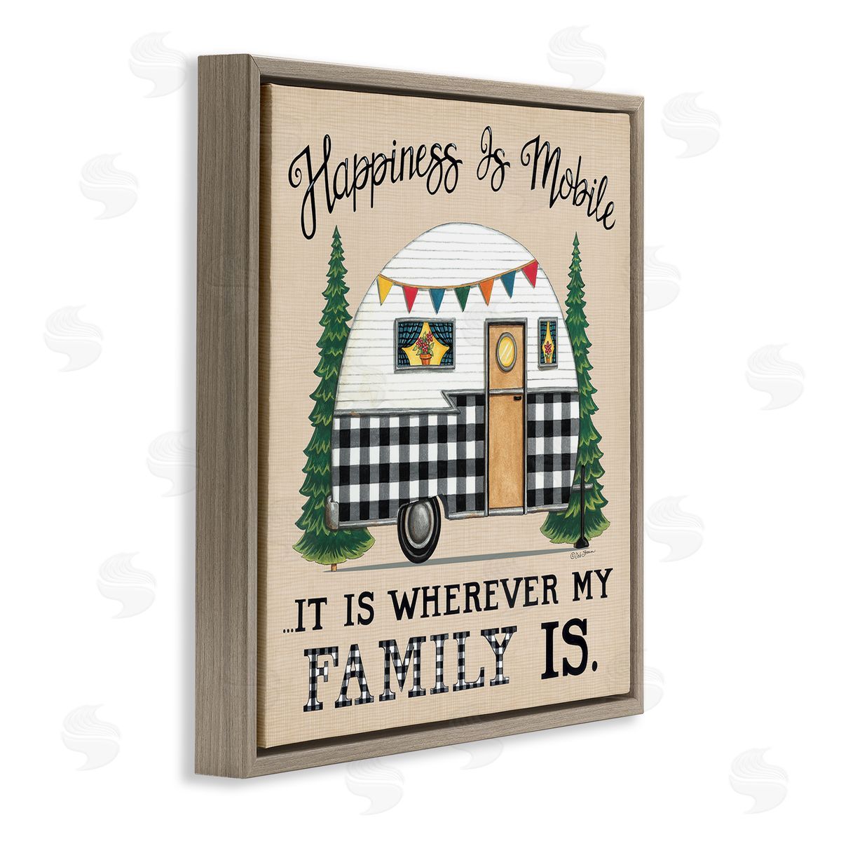 Deb Strain Happiness Where Family Is Uplifting Plaid Camping Van Brown Floating Frame Canvas Wall Art Print