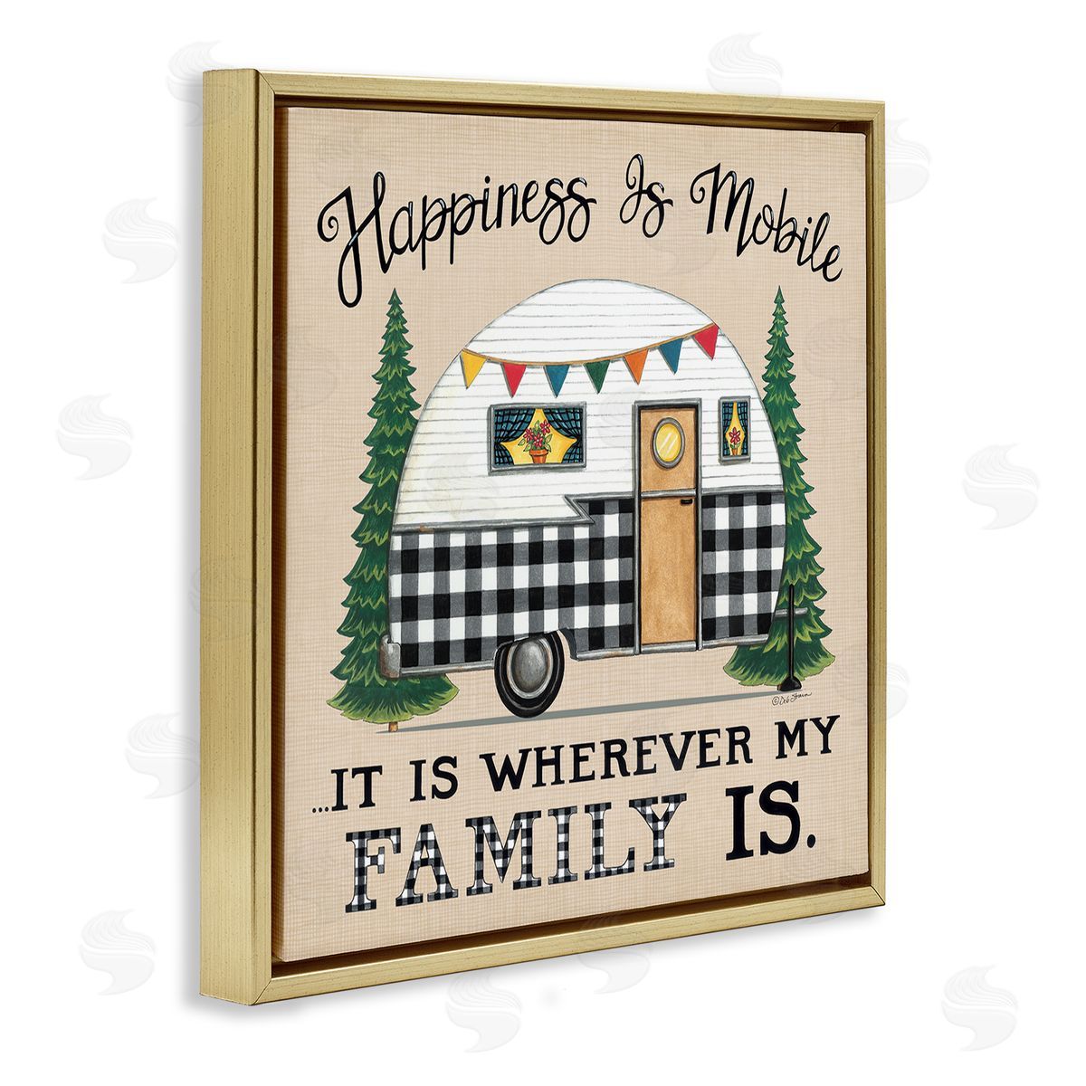Deb Strain Happiness Where Family Is Uplifting Plaid Camping Van Gold Floating Frame Canvas Wall Art Print