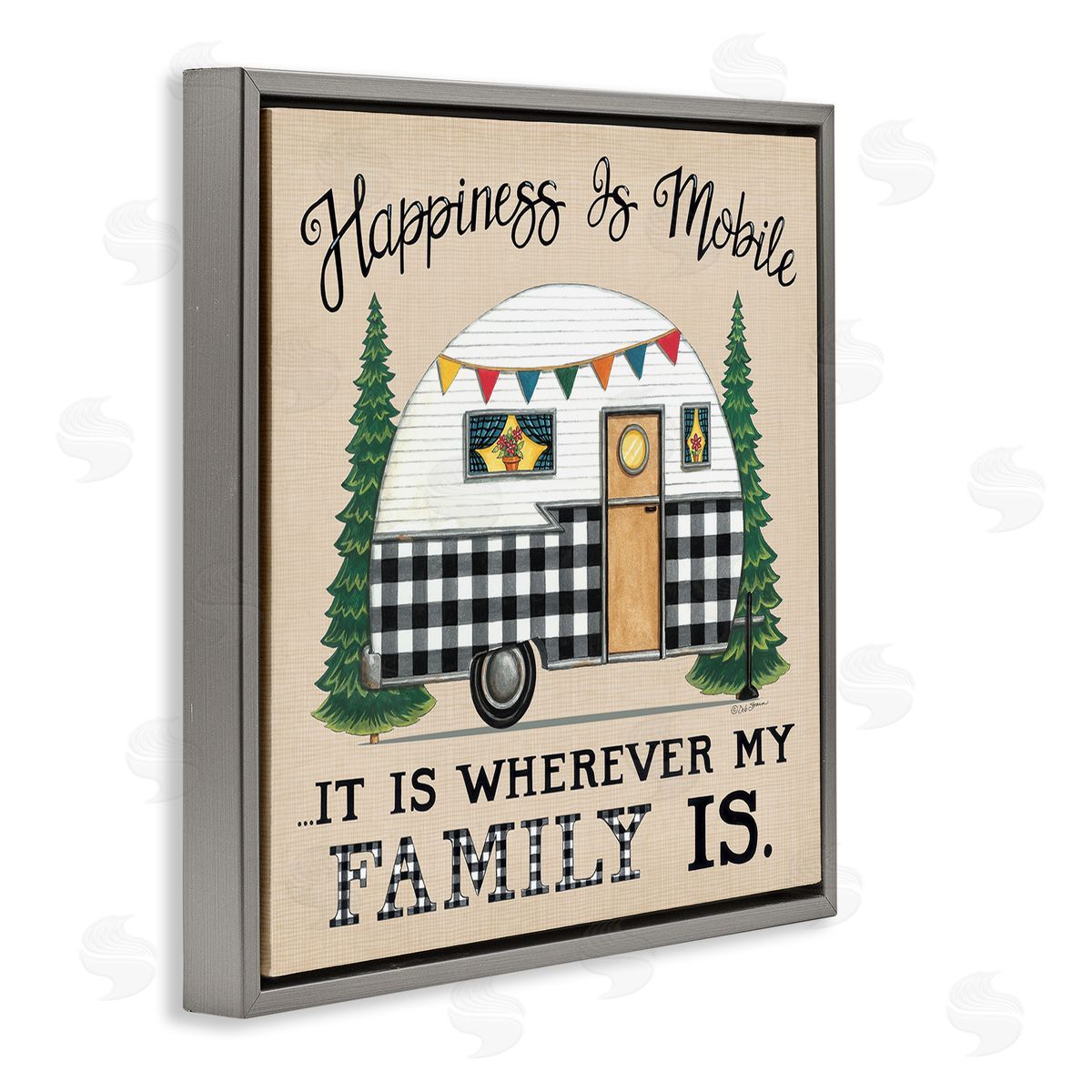 Deb Strain Happiness Where Family Is Uplifting Plaid Camping Van Gray Floating Frame Canvas Wall Art Print