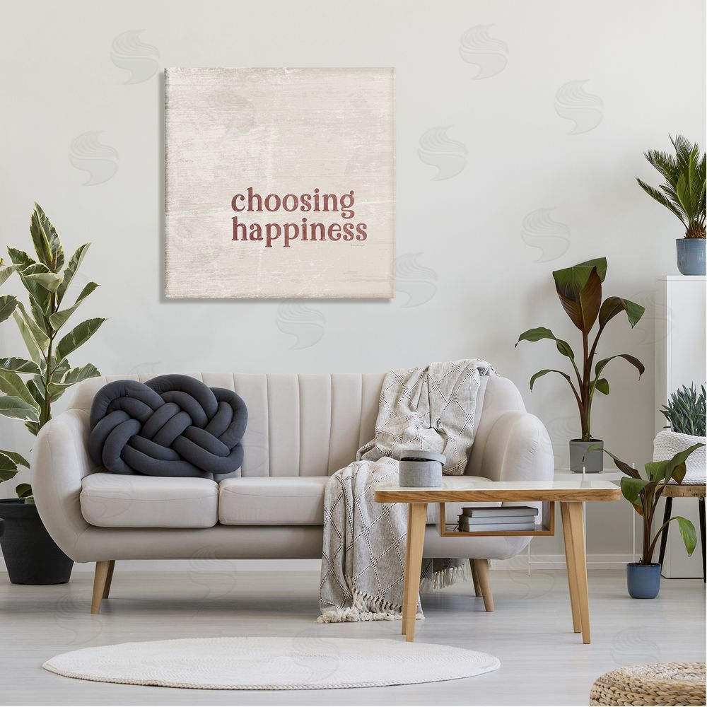 Jennifer Pugh Choosing Happiness Rustic Grain Pattern Phrase Canvas Wall Art in Room