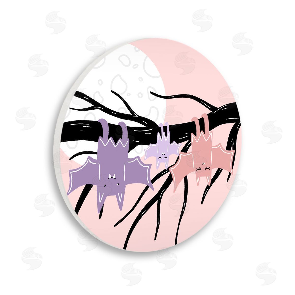 Dominika Godette Whimsical Smiling Bats Hanging Moonlit Pastel Sky Wooden Wall Plaque Art Print