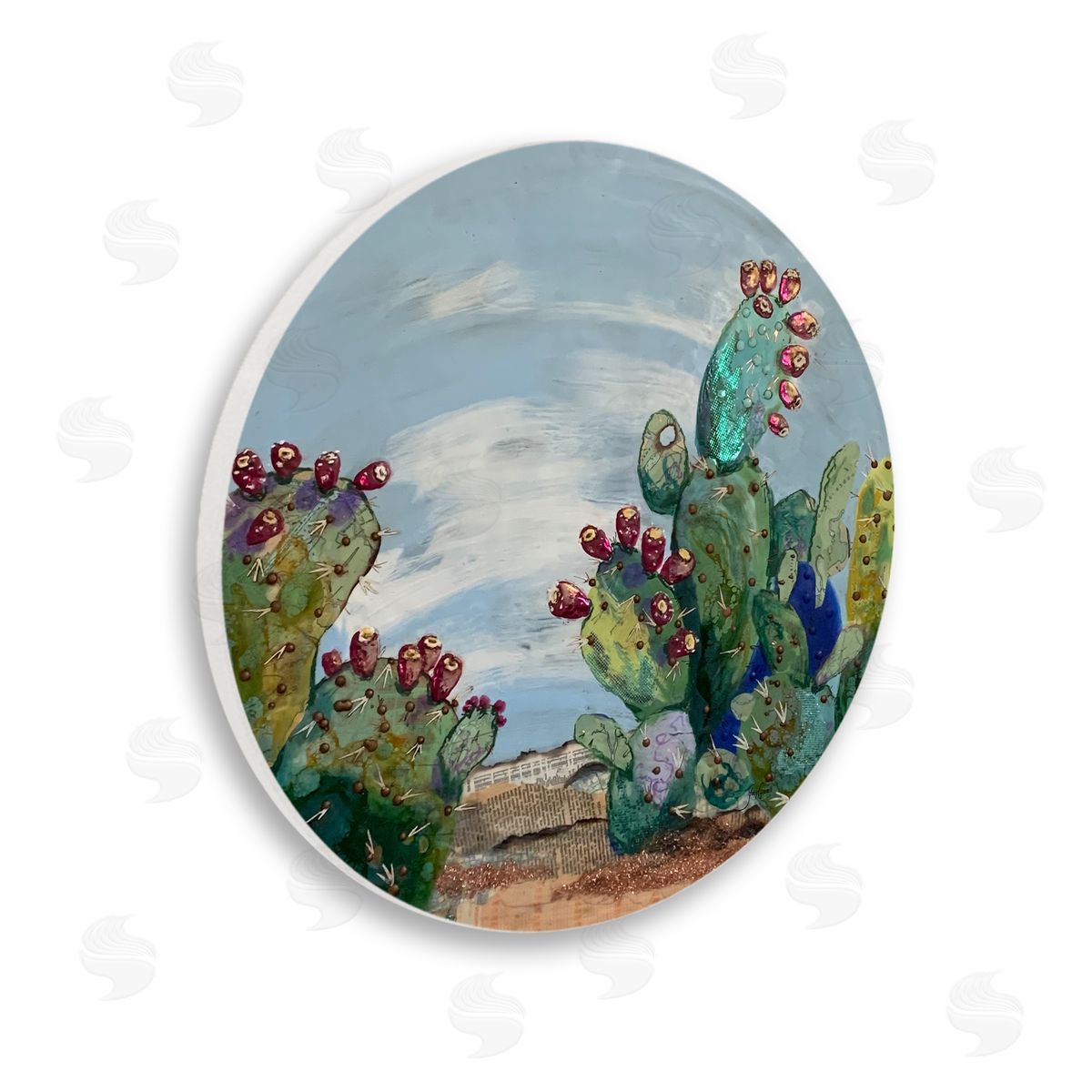 Stacy Gresell Collaged Desert Landscape Arid Cactus Plants Scenery Wooden Wall Plaque Art Print