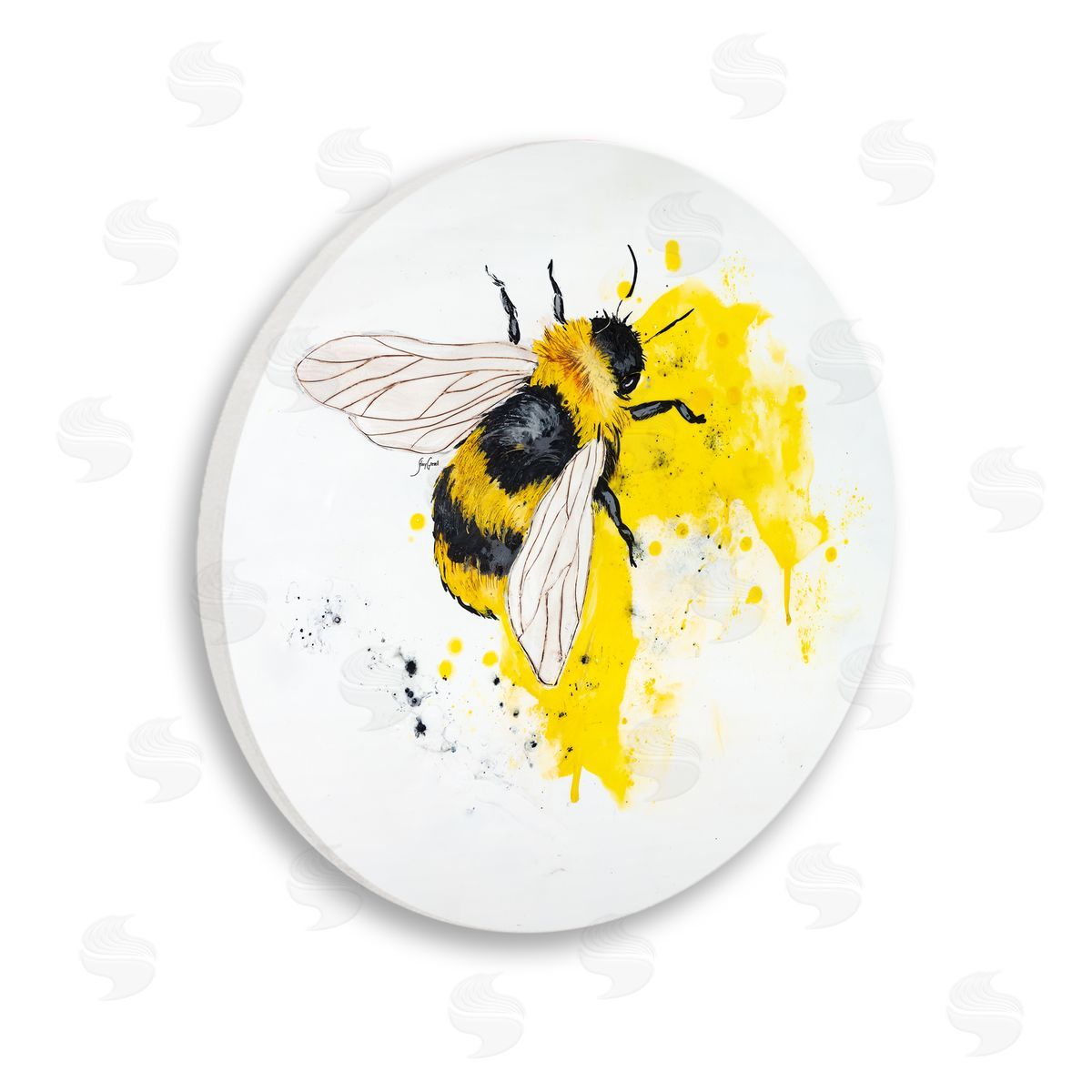 Stacy Gresell Honey Bumble Bee Insect Yellow Paint Splatter  Wooden Wall Plaque Art Print