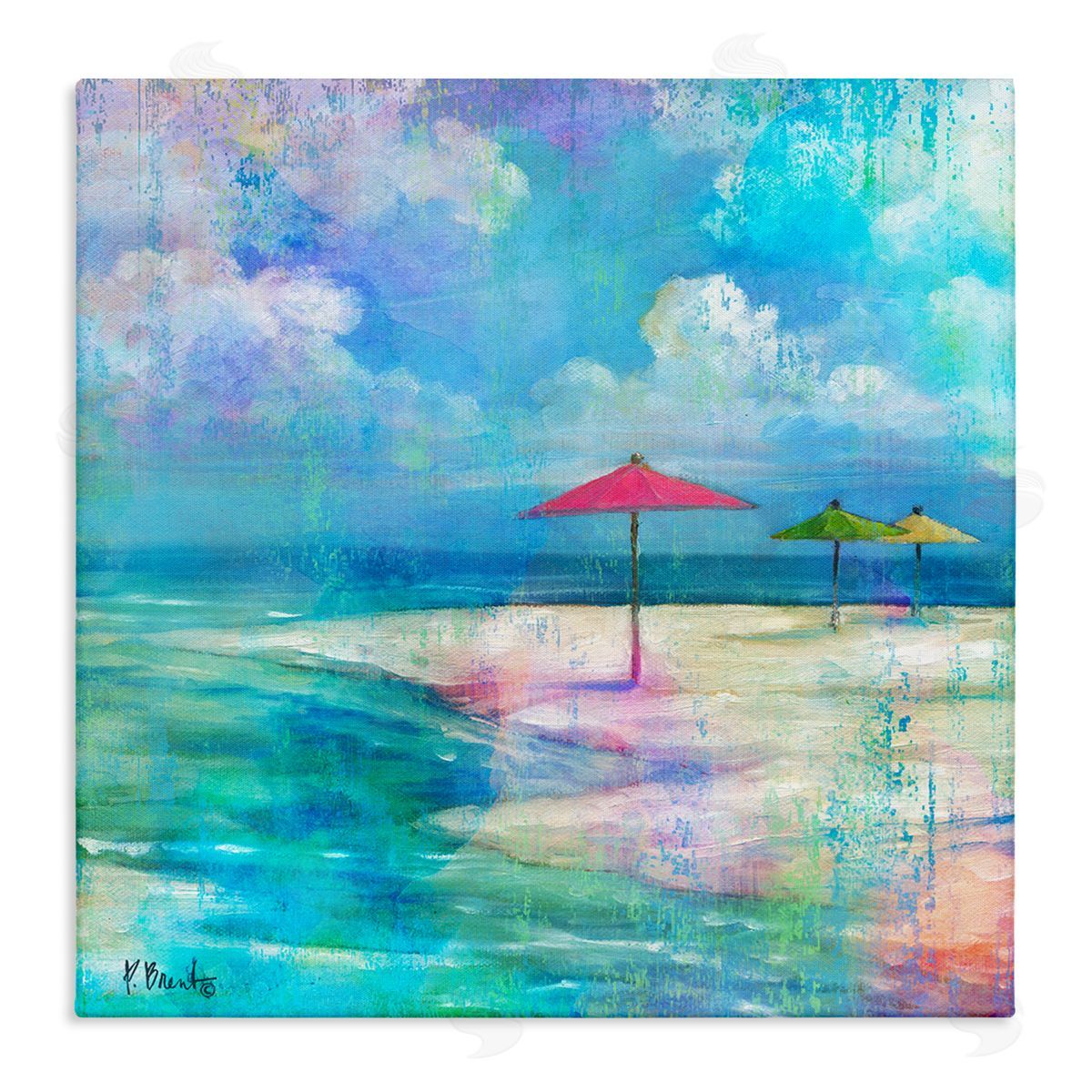 Paul Brent Umbrella Beachscape Watercolor Mirage Stretched Canvas Wall Art Print