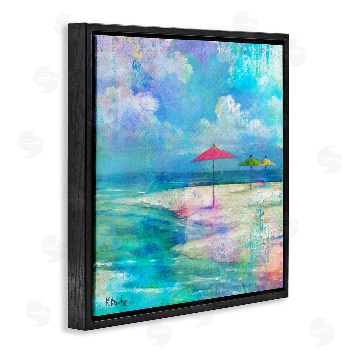 Paul Brent Umbrella Beachscape Watercolor Mirage Black Floating Frame Canvas Wall Art Print