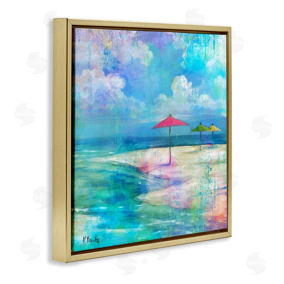 Paul Brent Umbrella Beachscape Watercolor Mirage Gold Floating Frame Canvas Wall Art Print