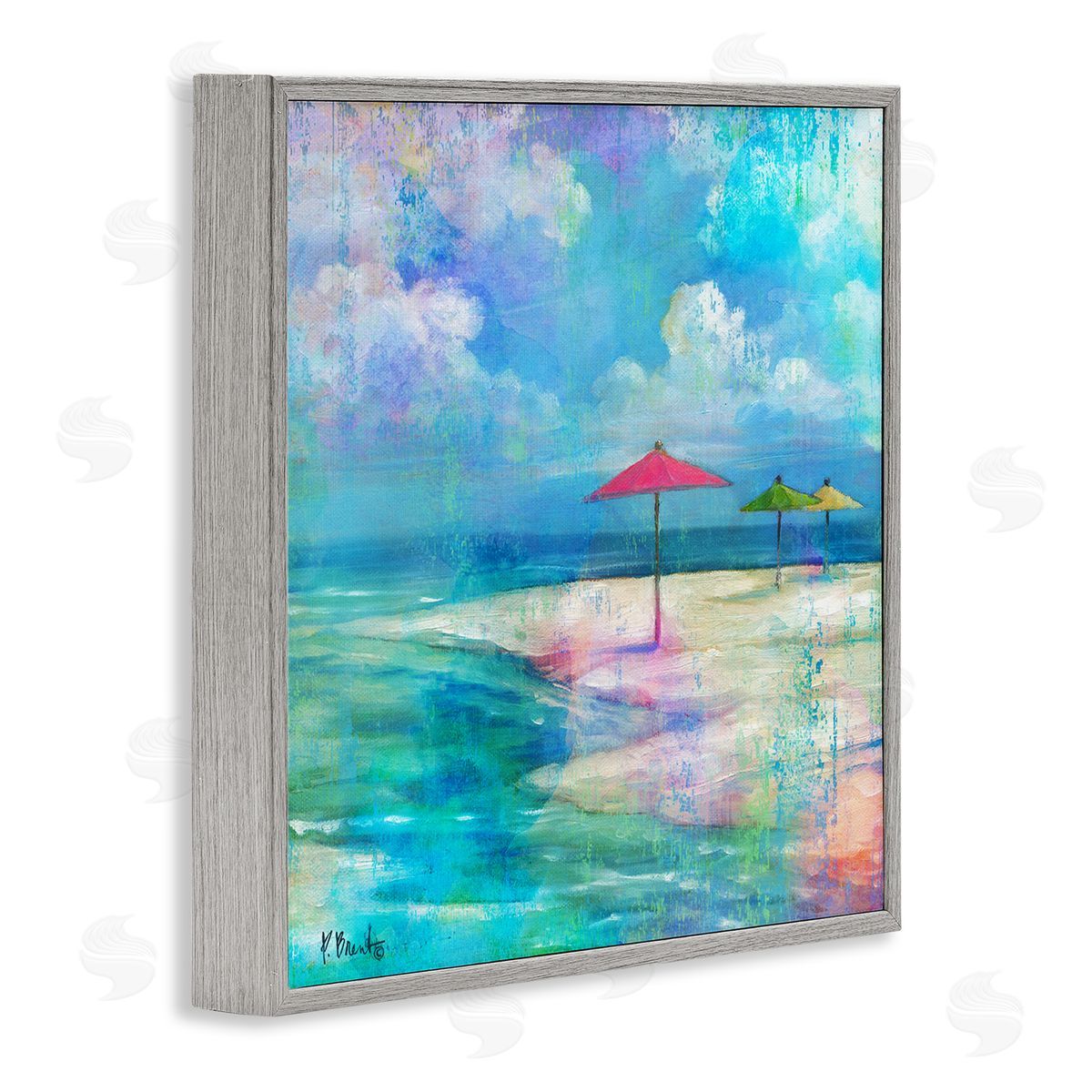 Paul Brent Umbrella Beachscape Watercolor Mirage Gray Framed Glicee Wall Art Print