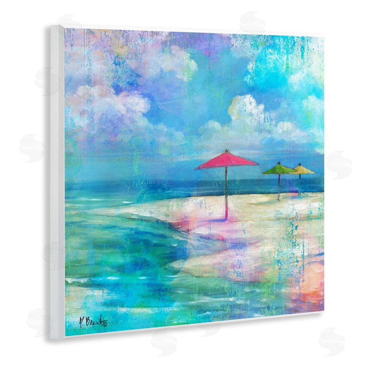 Paul Brent Umbrella Beachscape Watercolor Mirage Wooden Wall Plaque Art Print