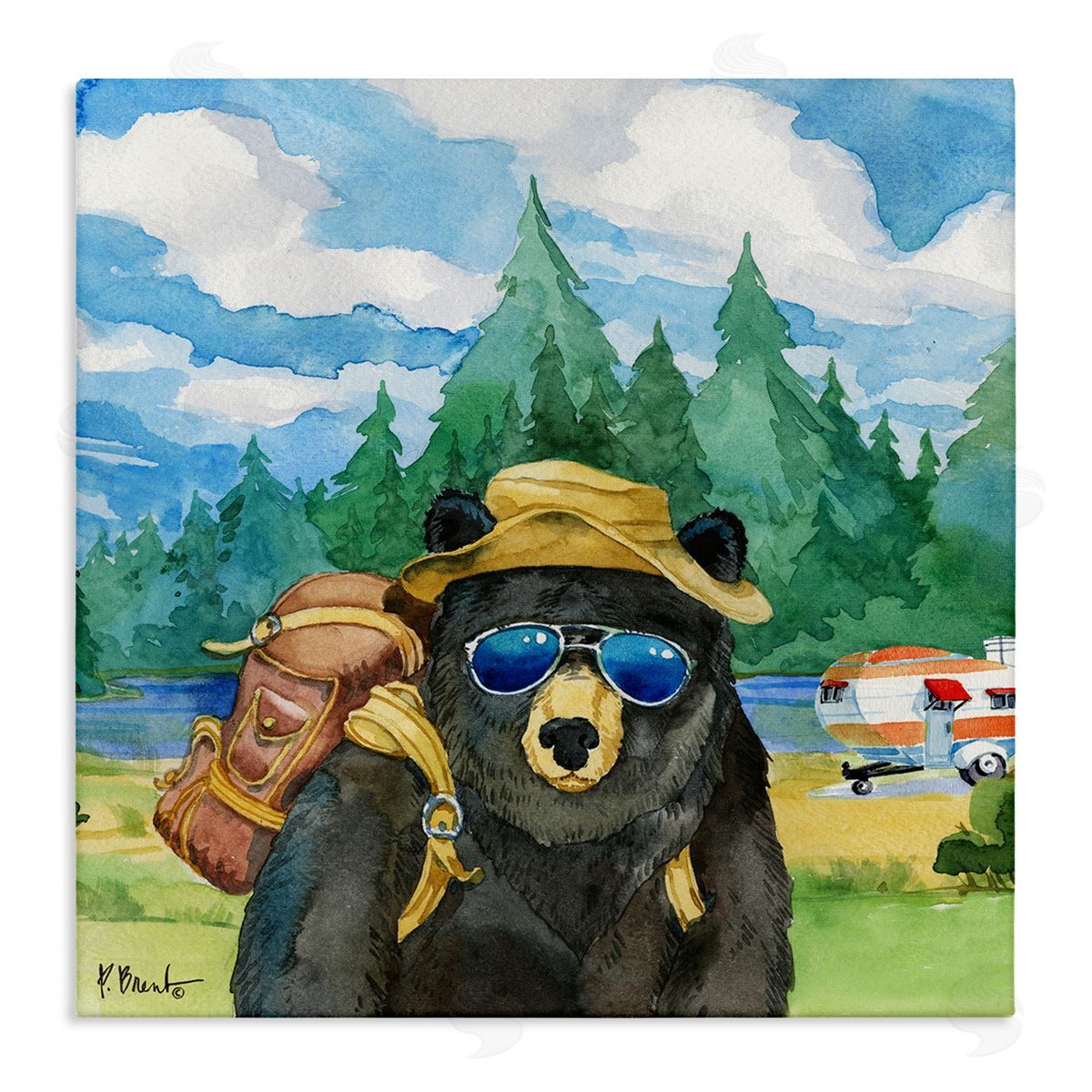 Paul Brent Happy Camper Black Beer Hiker Stretched Canvas Wall Art Print