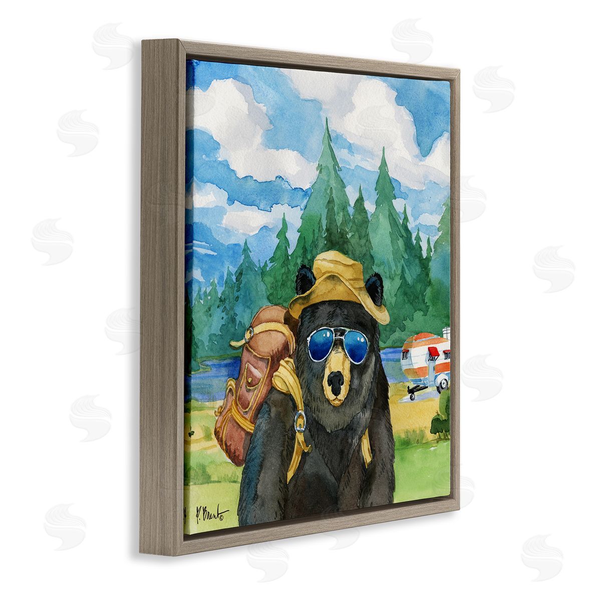 Paul Brent Happy Camper Black Beer Hiker Brown Floating Frame Canvas Wall Art Print