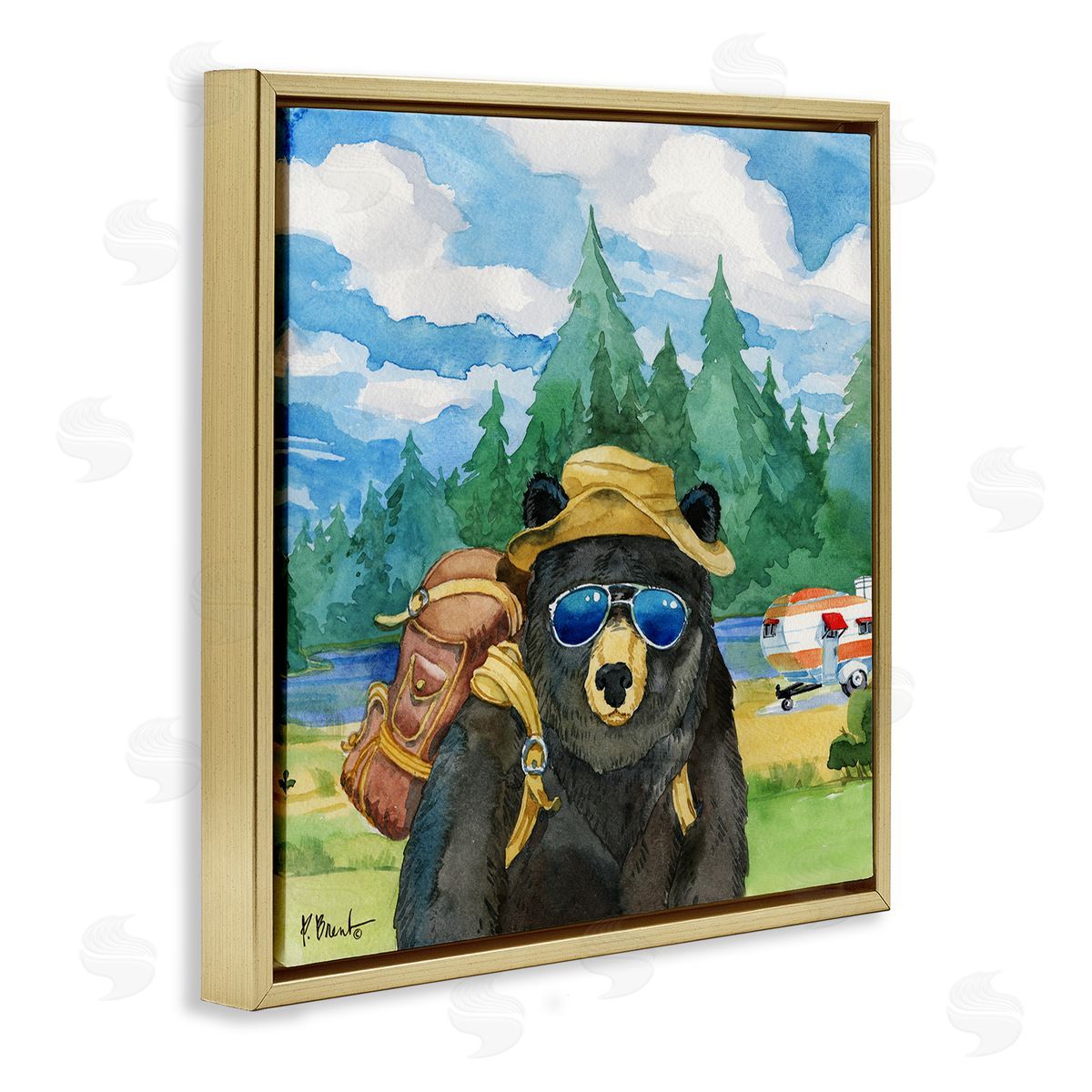 Paul Brent Happy Camper Black Beer Hiker Gold Floating Frame Canvas Wall Art Print