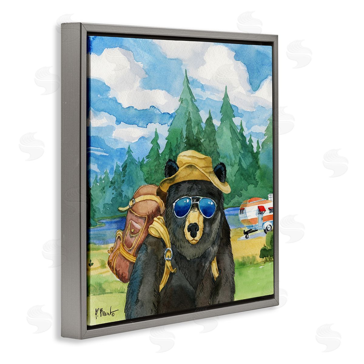 Paul Brent Happy Camper Black Beer Hiker Gray Floating Frame Canvas Wall Art Print