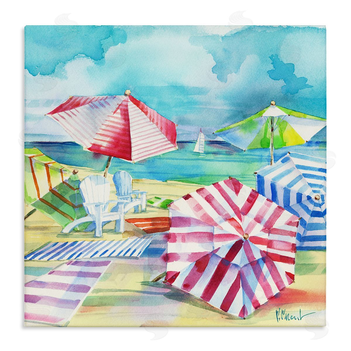 Paul Brent Ventura Beach Stripped Umbrellas Stretched Canvas Wall Art Print