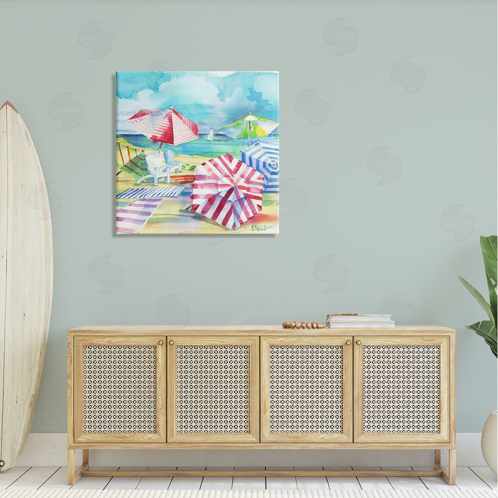 Paul Brent Ventura Beach Stripped Umbrellas Canvas Wall Art in Room