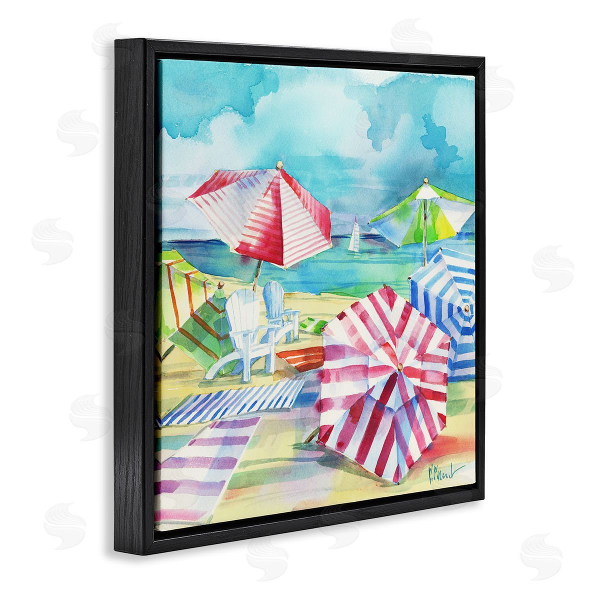 Paul Brent Ventura Beach Stripped Umbrellas Black Floating Frame Canvas Wall Art Print