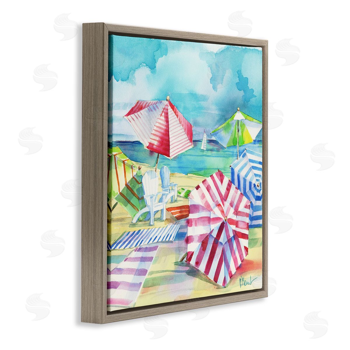 Paul Brent Ventura Beach Stripped Umbrellas Brown Floating Frame Canvas Wall Art Print