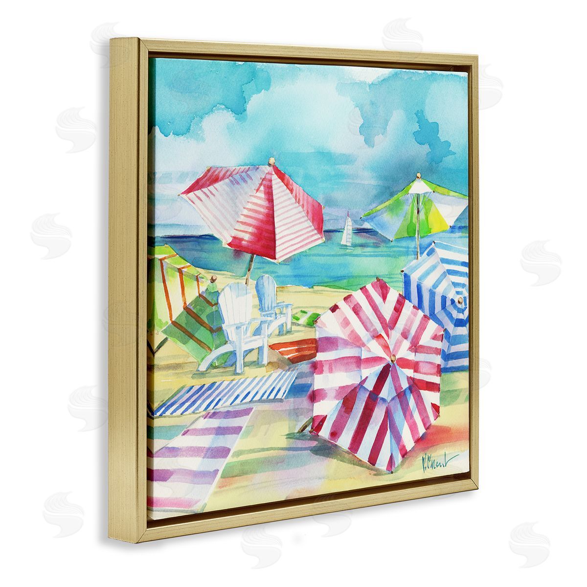 Paul Brent Ventura Beach Stripped Umbrellas Gold Floating Frame Canvas Wall Art Print