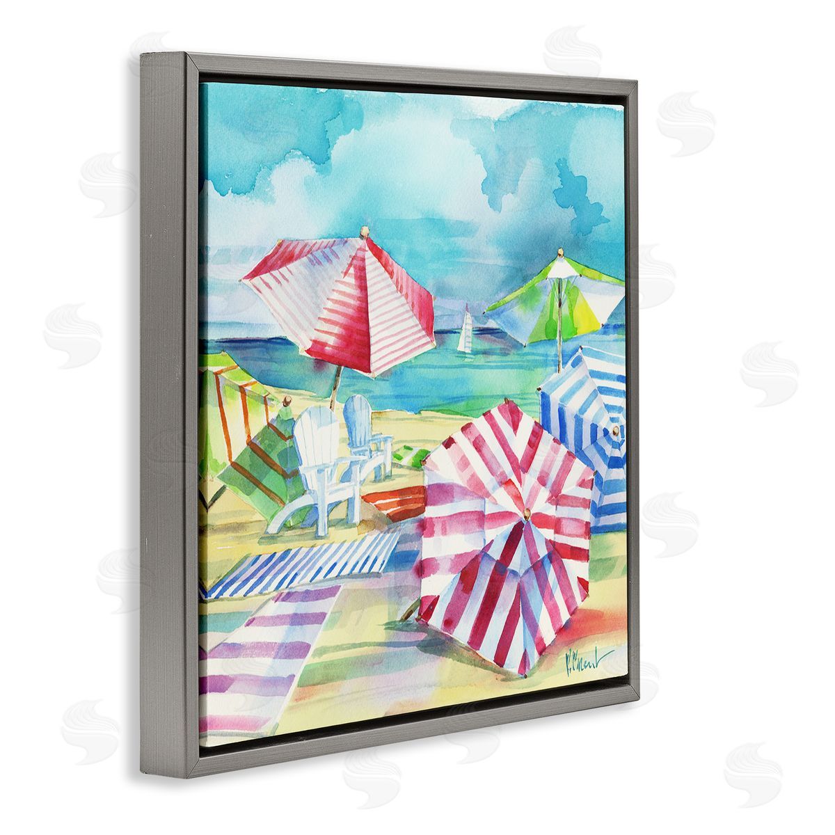Paul Brent Ventura Beach Stripped Umbrellas Gray Floating Frame Canvas Wall Art Print