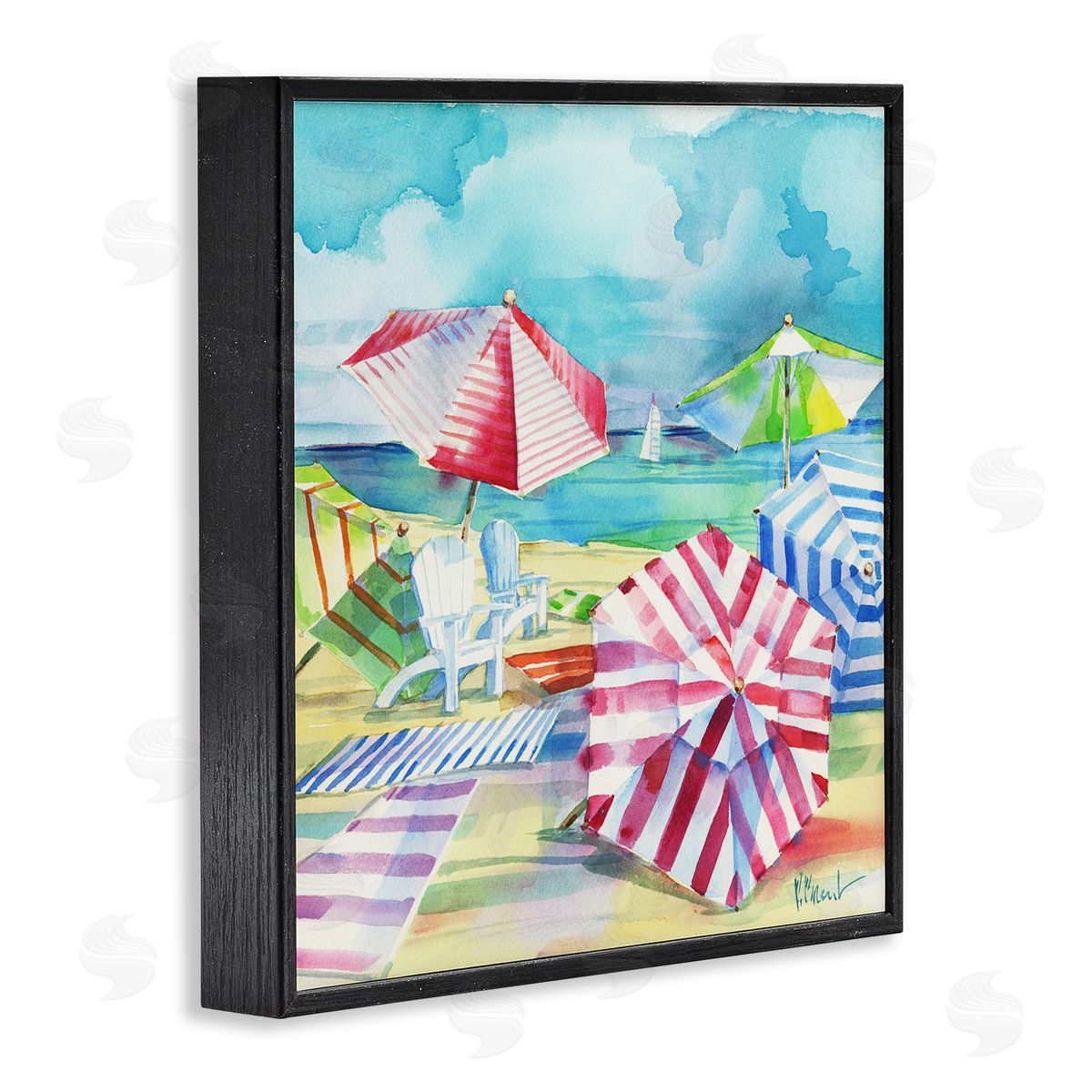Paul Brent Ventura Beach Stripped Umbrellas Black Framed Glicee Wall Art Print