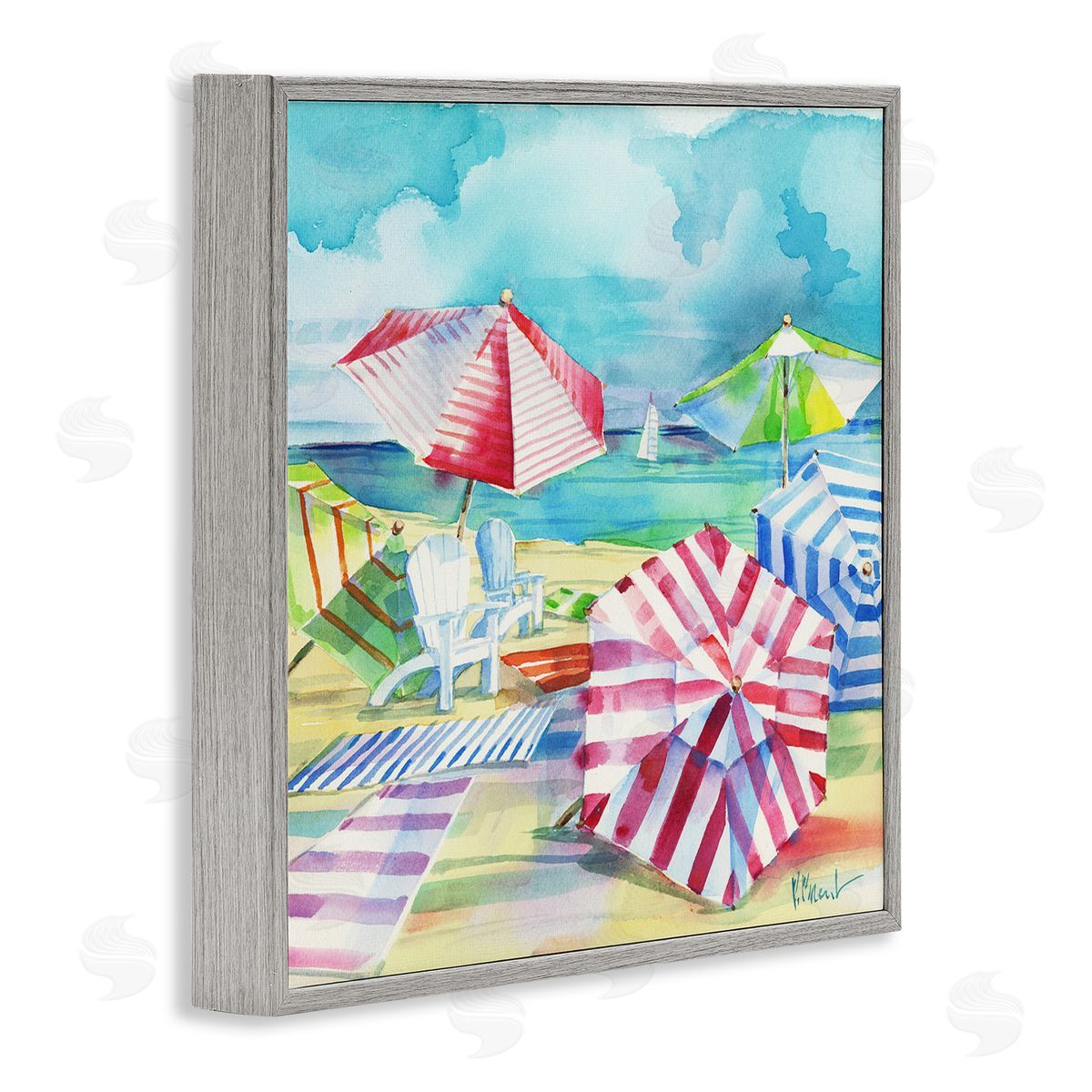Paul Brent Ventura Beach Stripped Umbrellas Gray Framed Glicee Wall Art Print