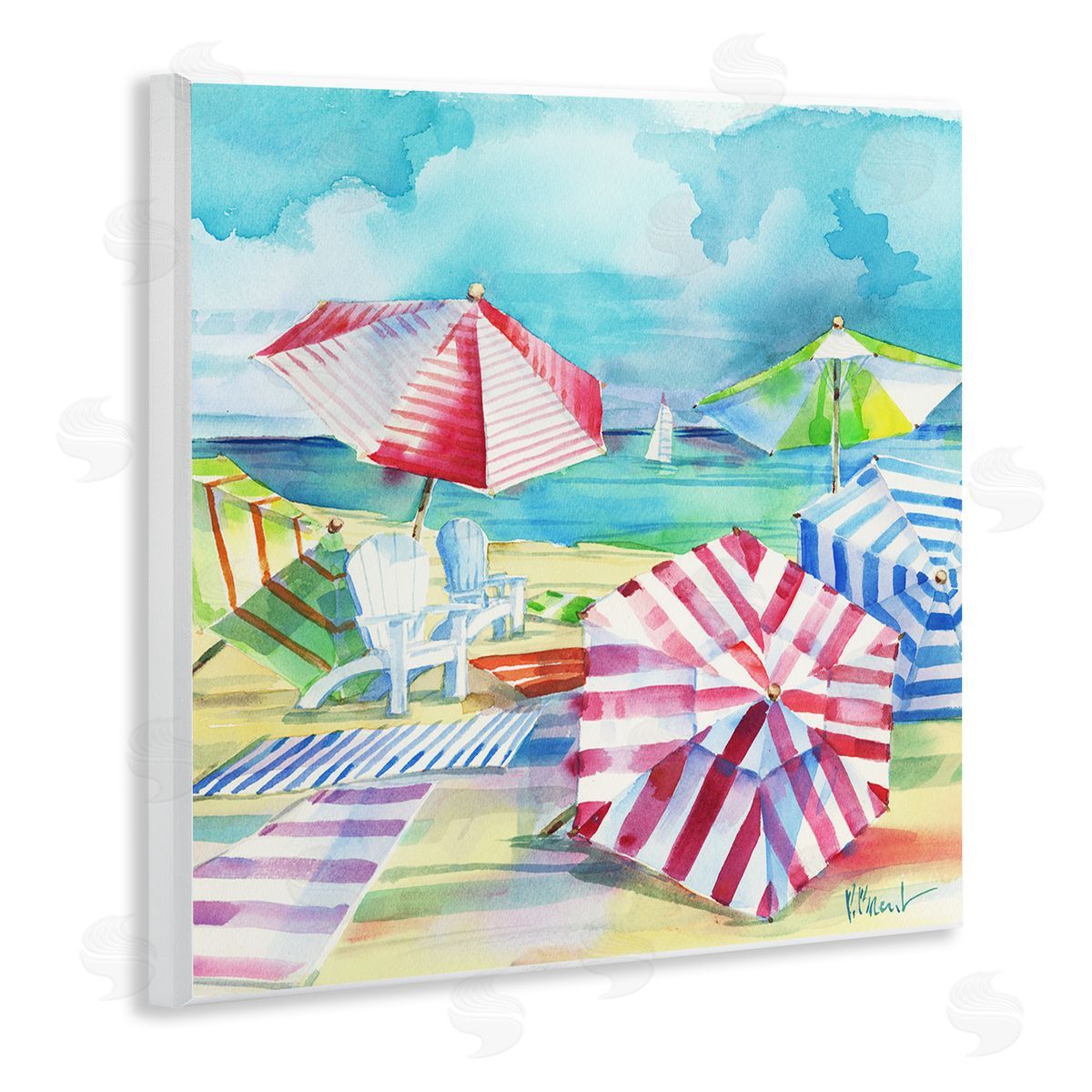 Paul Brent Ventura Beach Stripped Umbrellas Wooden Wall Plaque Art Print