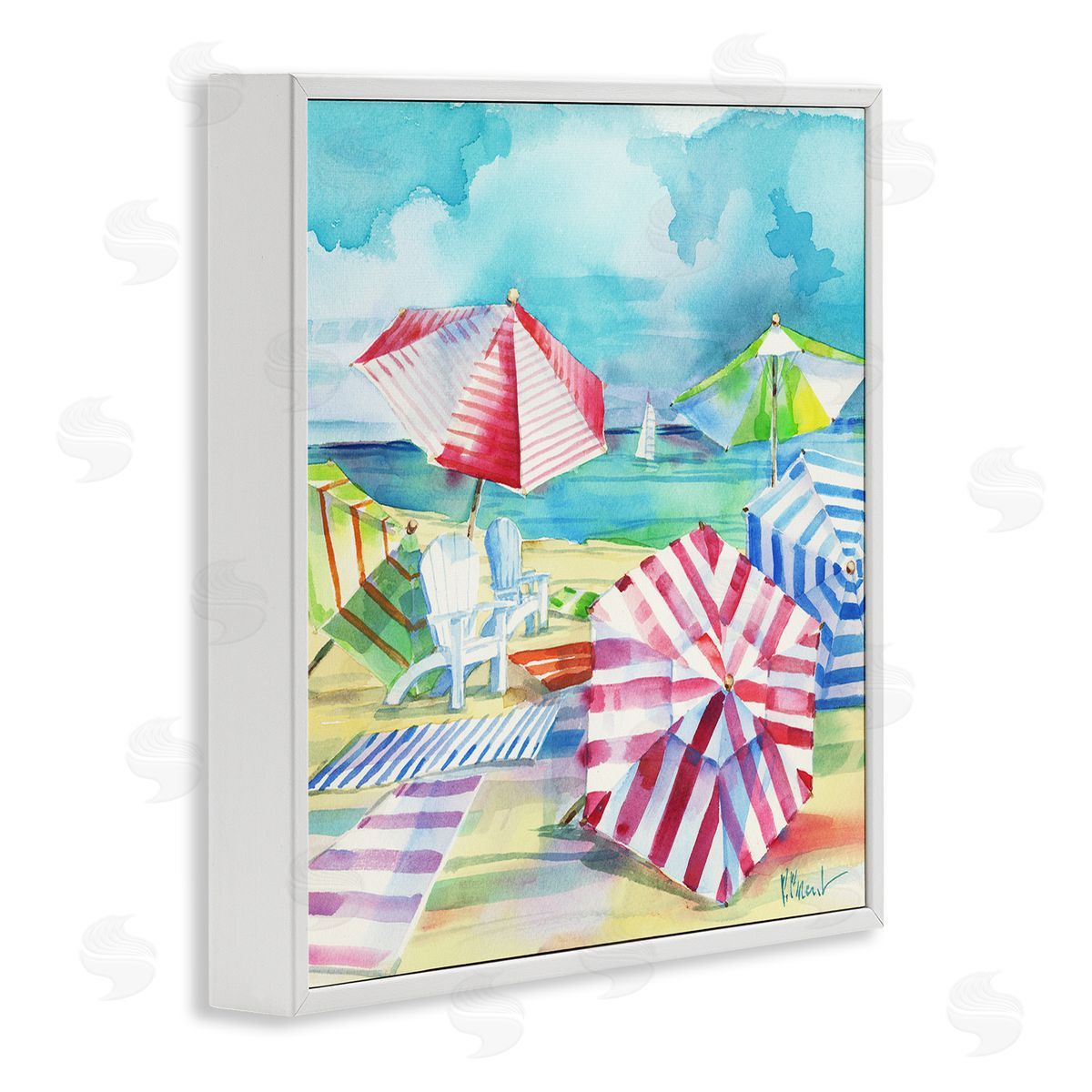 Paul Brent Ventura Beach Stripped Umbrellas White Framed Glicee Wall Art Print