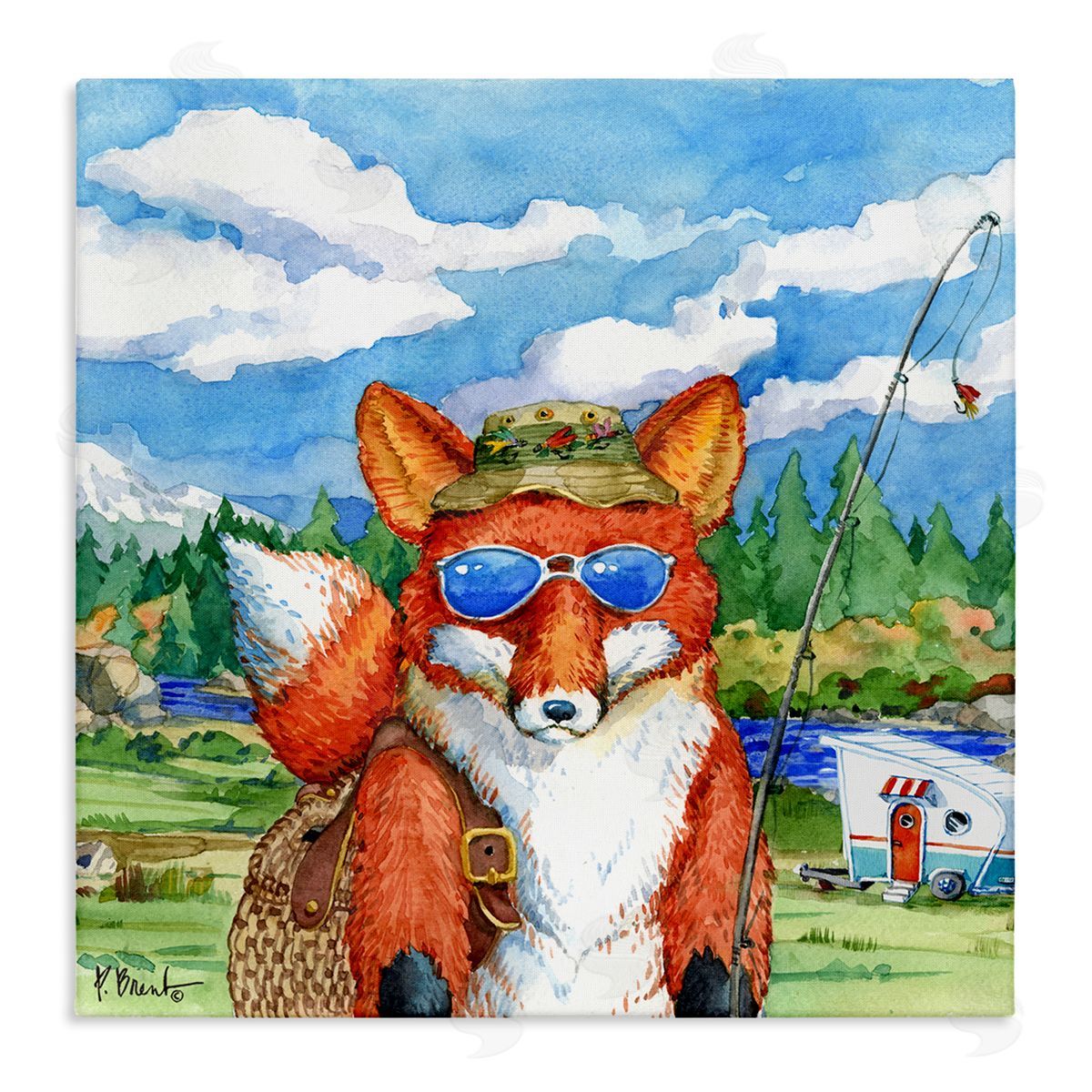 Paul Brent Happy Camper Red Fox Fisherman Stretched Canvas Wall Art Print