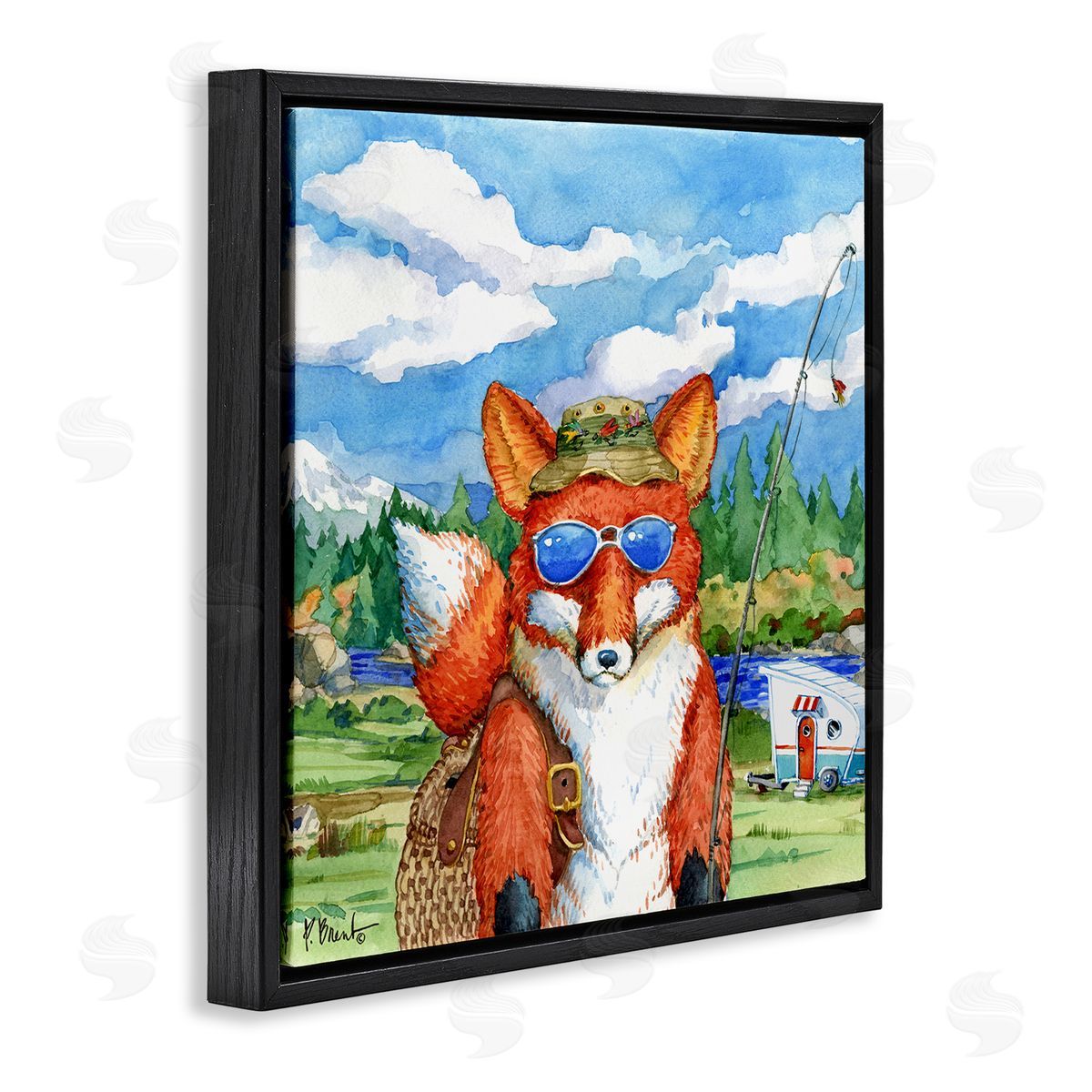Paul Brent Happy Camper Red Fox Fisherman Black Floating Frame Canvas Wall Art Print