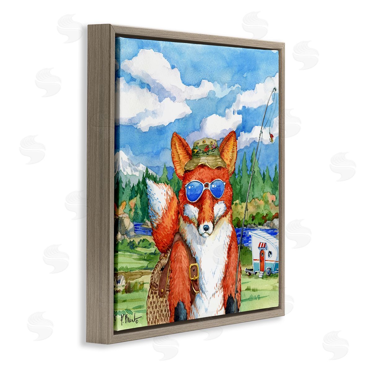 Paul Brent Happy Camper Red Fox Fisherman Brown Floating Frame Canvas Wall Art Print