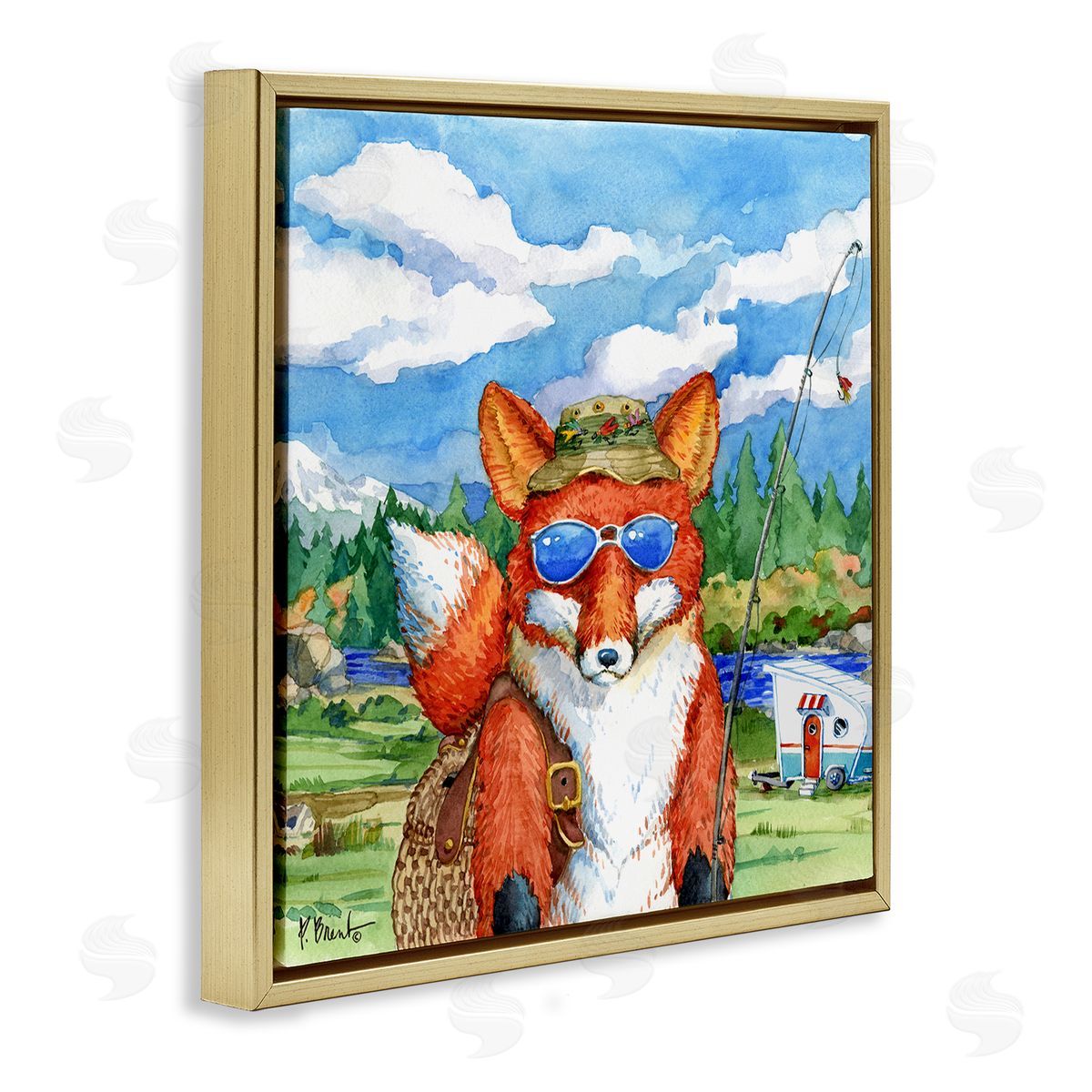 Paul Brent Happy Camper Red Fox Fisherman Gold Floating Frame Canvas Wall Art Print