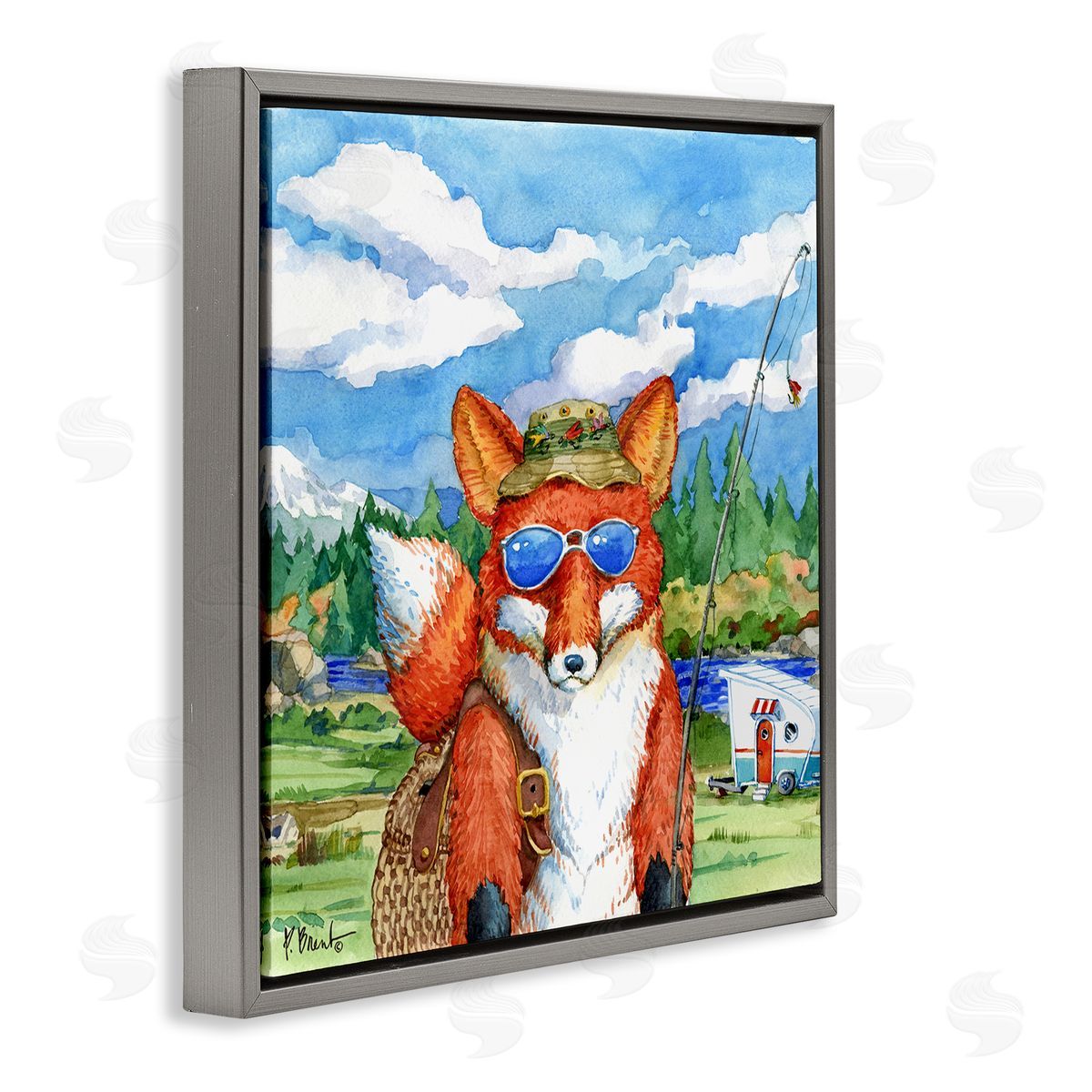 Paul Brent Happy Camper Red Fox Fisherman Gray Floating Frame Canvas Wall Art Print