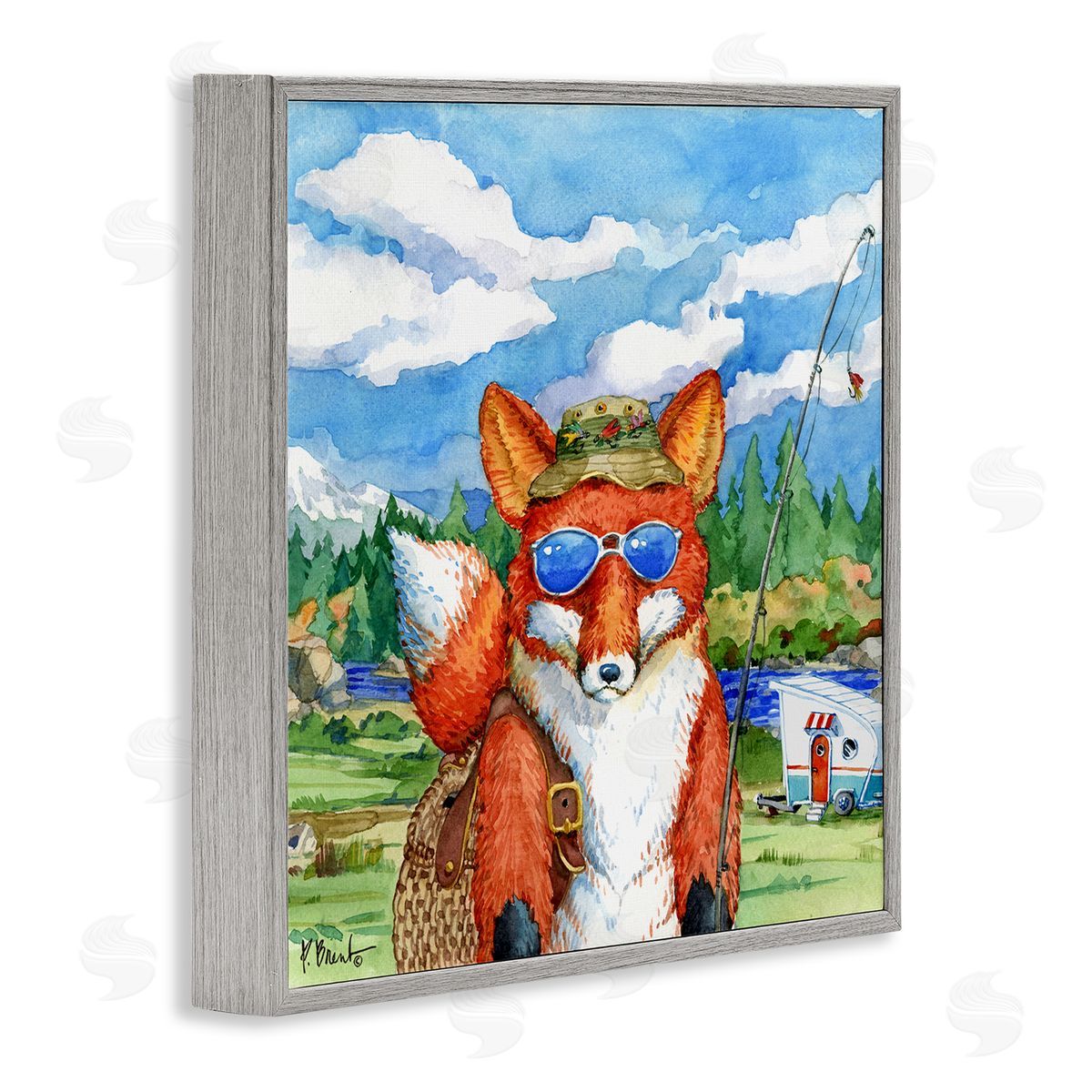 Paul Brent Happy Camper Red Fox Fisherman Gray Framed Glicee Wall Art Print