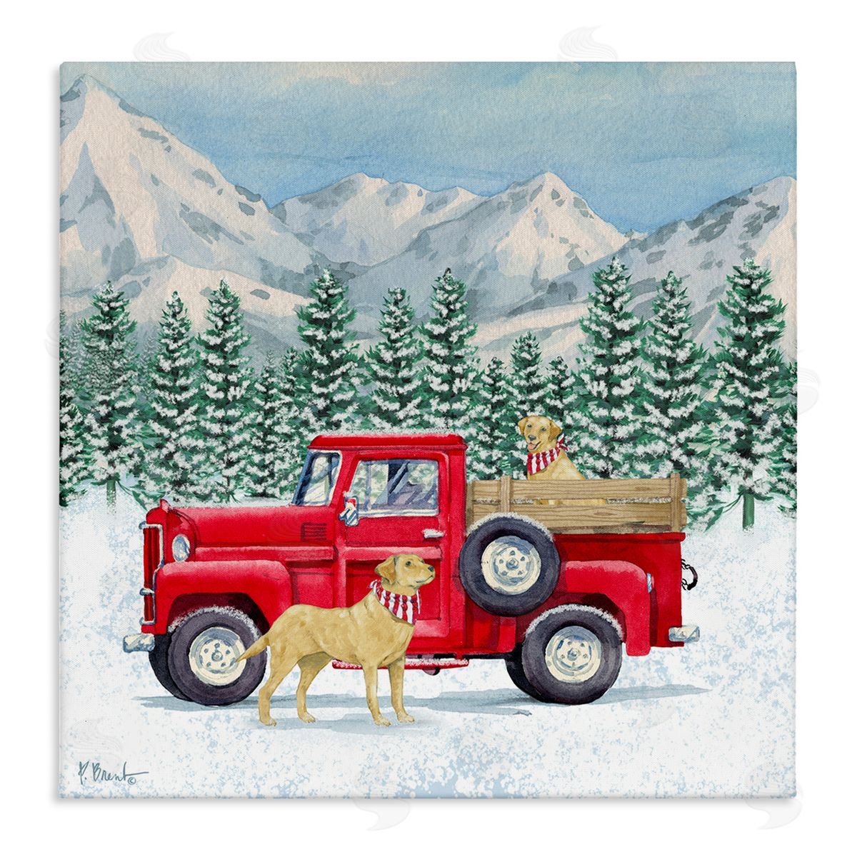 Paul Brent Winter Pups Holiday Red Truck Stretched Canvas Wall Art Print