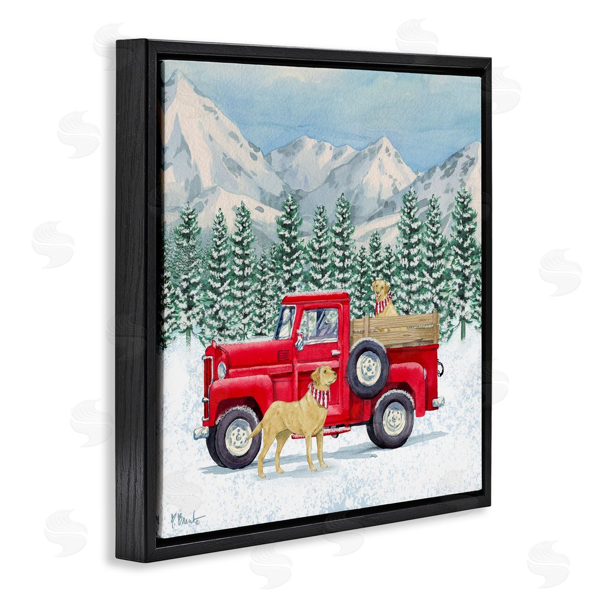 Paul Brent Winter Pups Holiday Red Truck Black Floating Frame Canvas Wall Art Print