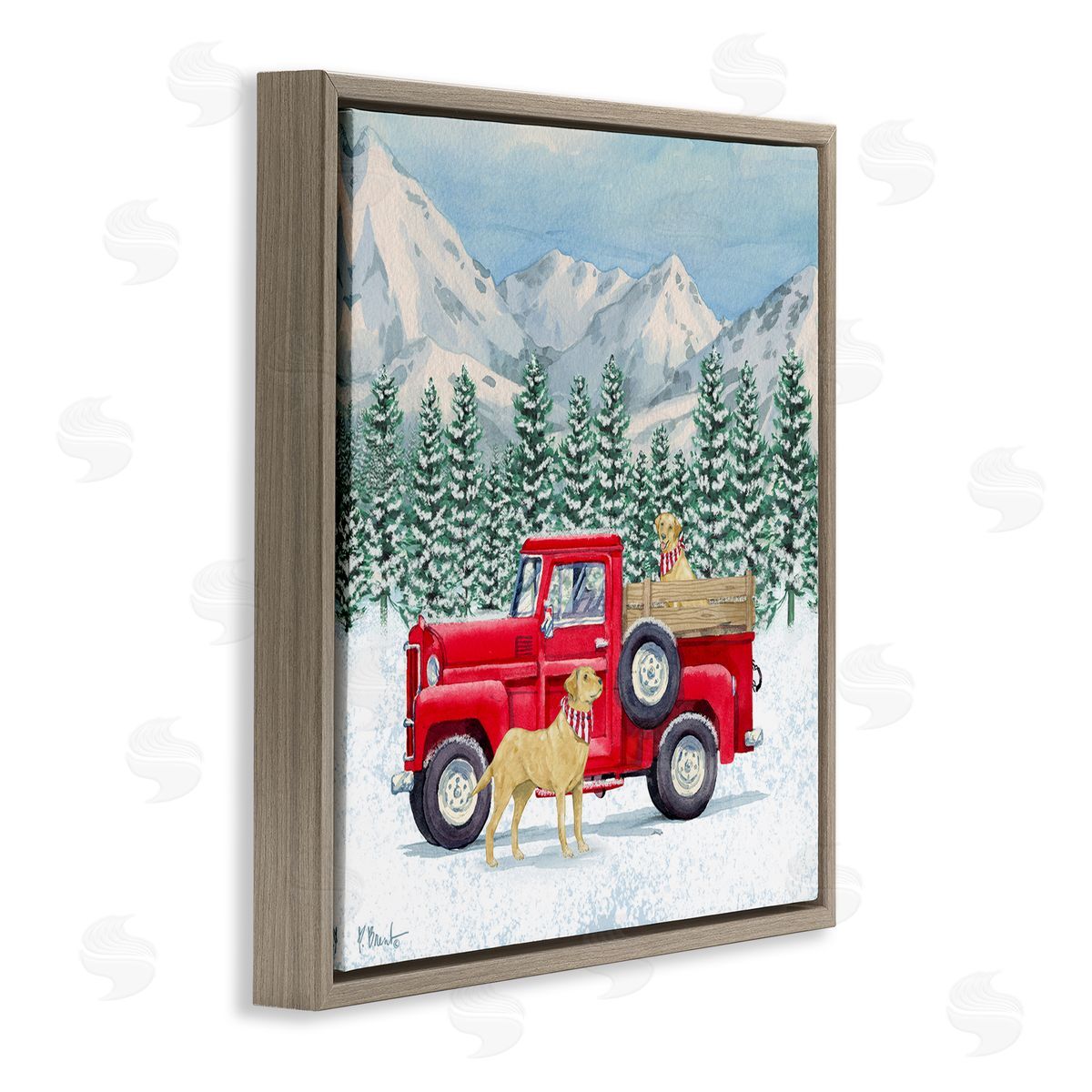 Paul Brent Winter Pups Holiday Red Truck Brown Floating Frame Canvas Wall Art Print