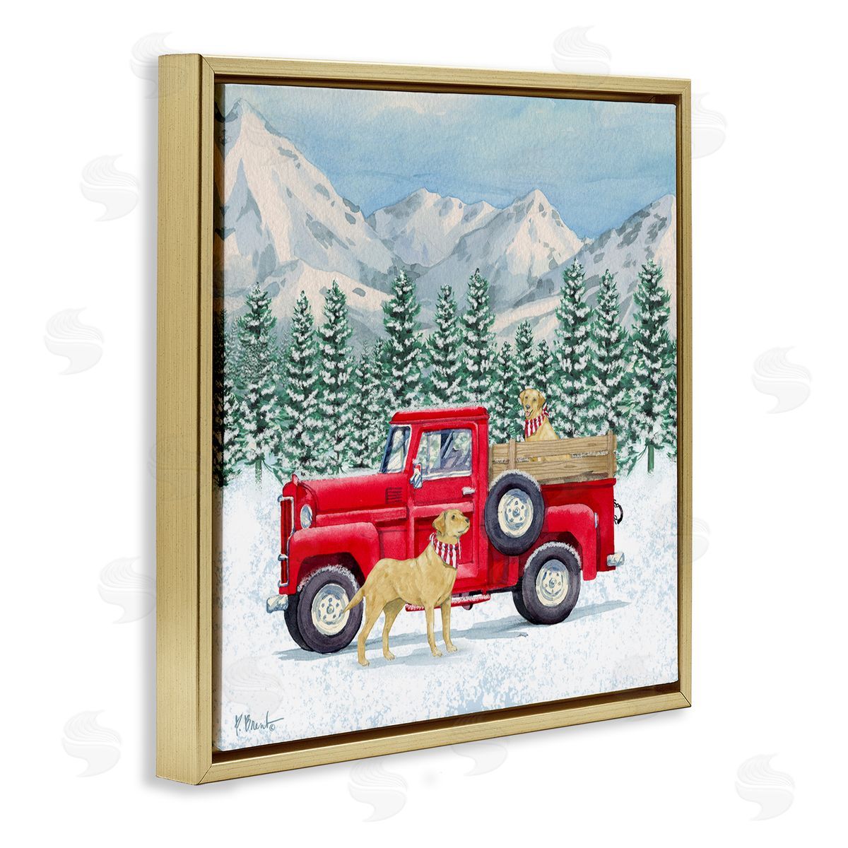Paul Brent Winter Pups Holiday Red Truck Gold Floating Frame Canvas Wall Art Print