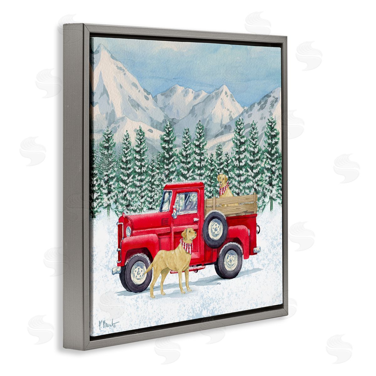 Paul Brent Winter Pups Holiday Red Truck Gray Floating Frame Canvas Wall Art Print
