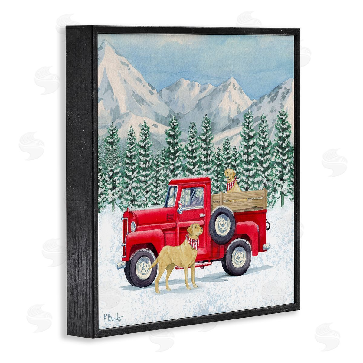 Paul Brent Winter Pups Holiday Red Truck Black Framed Glicee Wall Art Print
