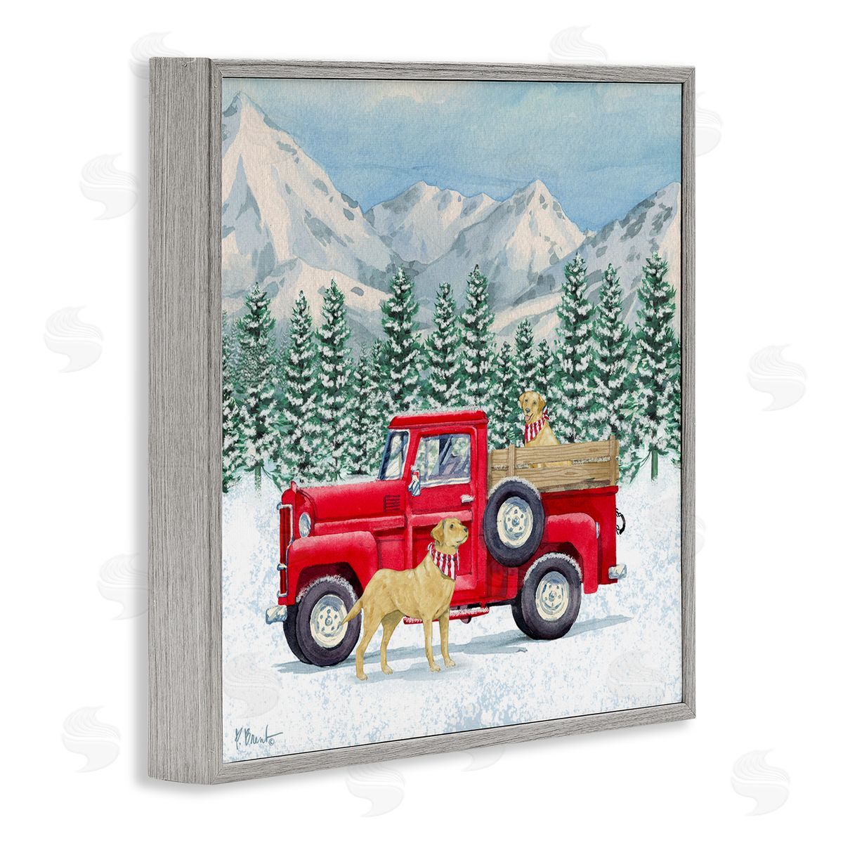 Paul Brent Winter Pups Holiday Red Truck Gray Framed Glicee Wall Art Print