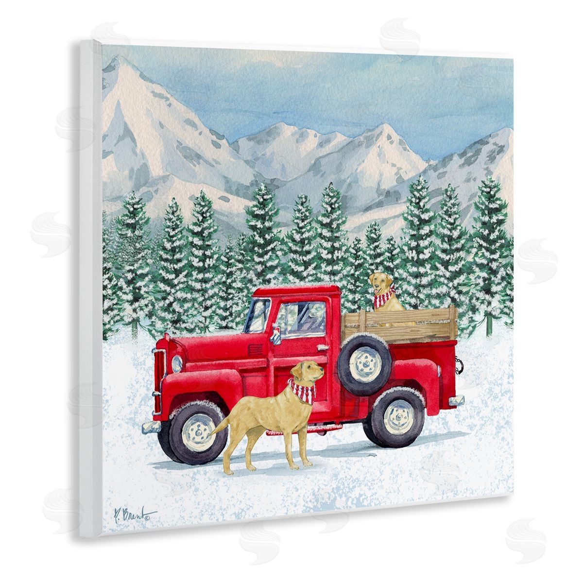 Paul Brent Winter Pups Holiday Red Truck Wooden Wall Plaque Art Print