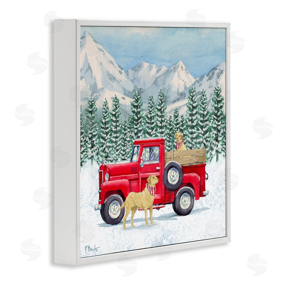 Paul Brent Winter Pups Holiday Red Truck White Framed Glicee Wall Art Print